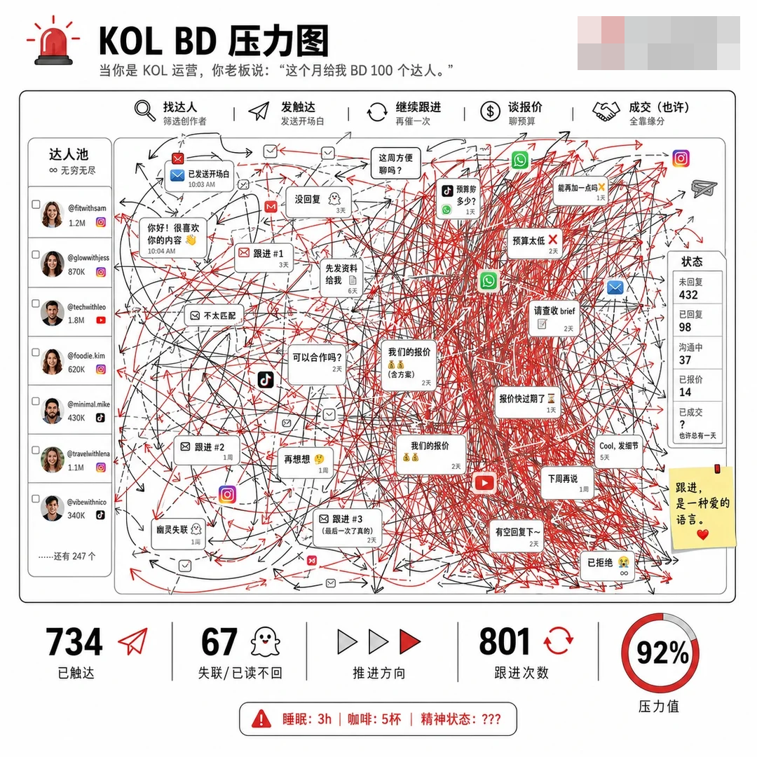 Xiaohongshu B2B influencer-marketing note illustrating manual creator outreach and follow-up work